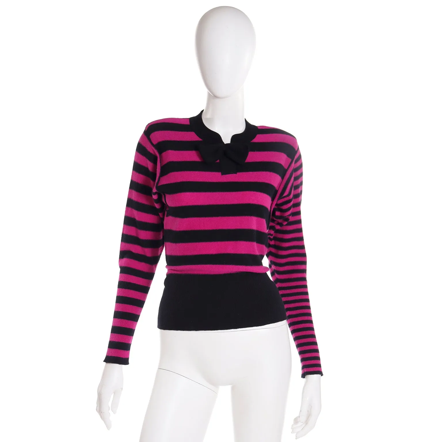1980s Sonia Rykiel Black & Magenta Pink Striped Wool Sweater