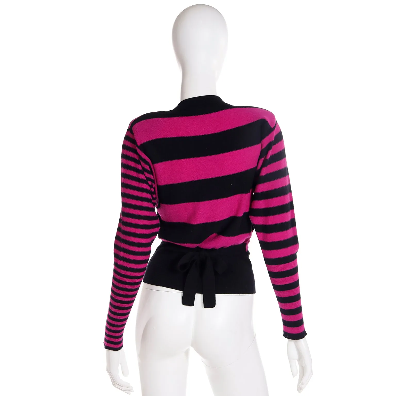 1980s Sonia Rykiel Black & Magenta Pink Striped Wool Sweater