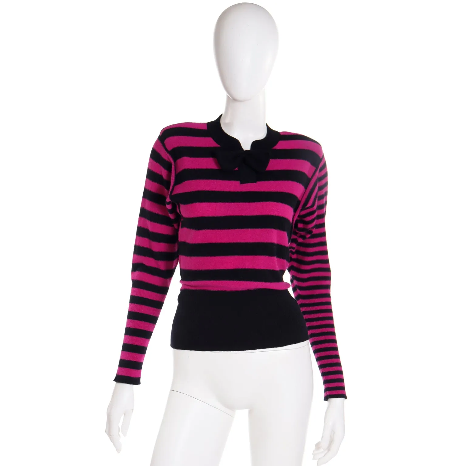 1980s Sonia Rykiel Black & Magenta Pink Striped Wool Sweater