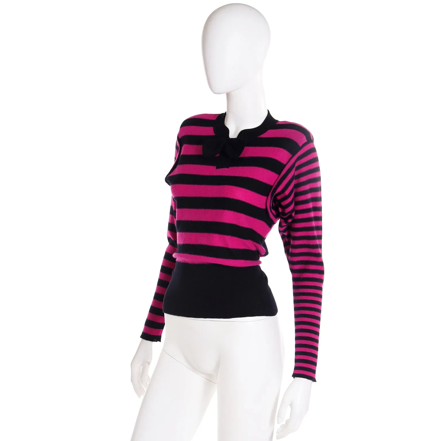 1980s Sonia Rykiel Black & Magenta Pink Striped Wool Sweater