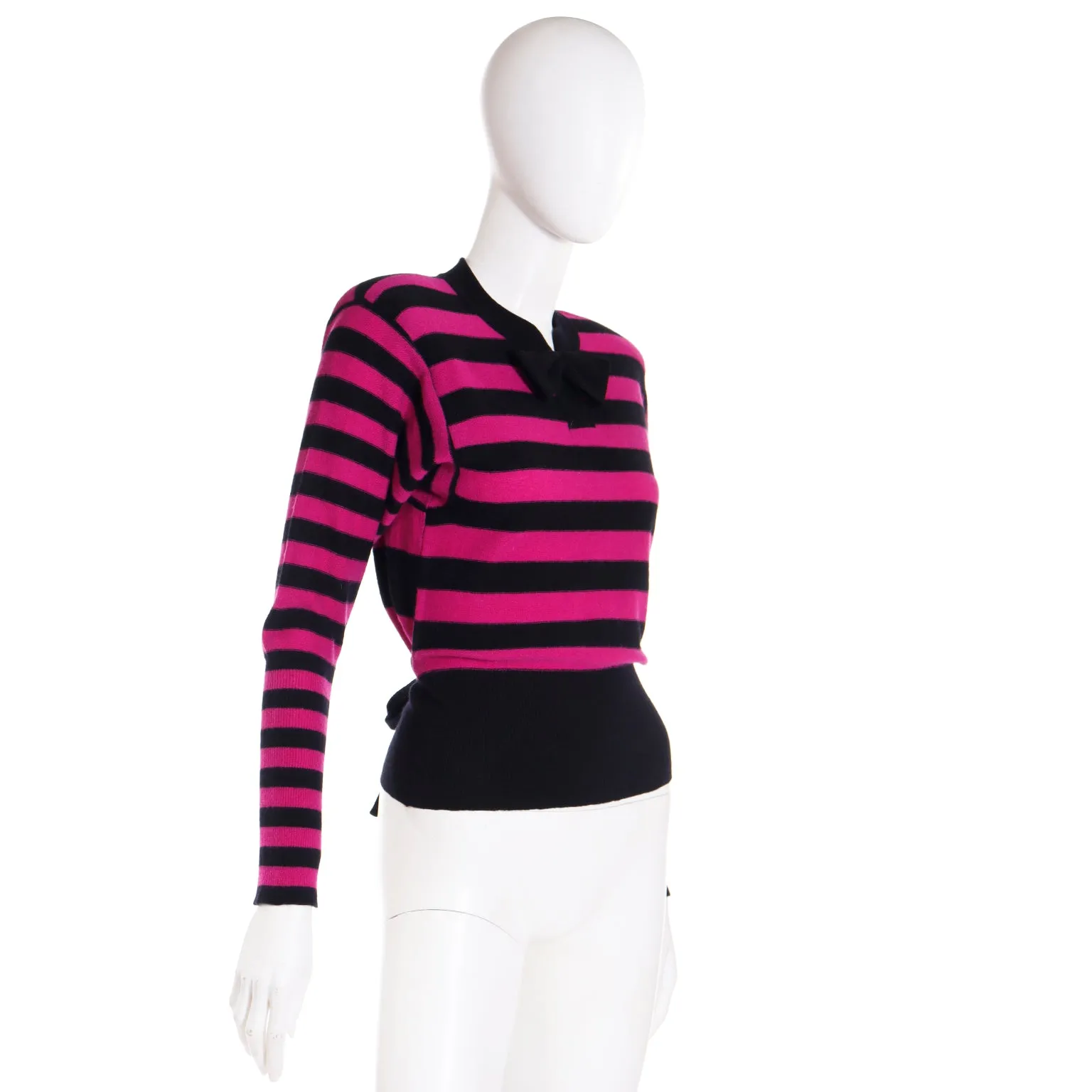 1980s Sonia Rykiel Black & Magenta Pink Striped Wool Sweater
