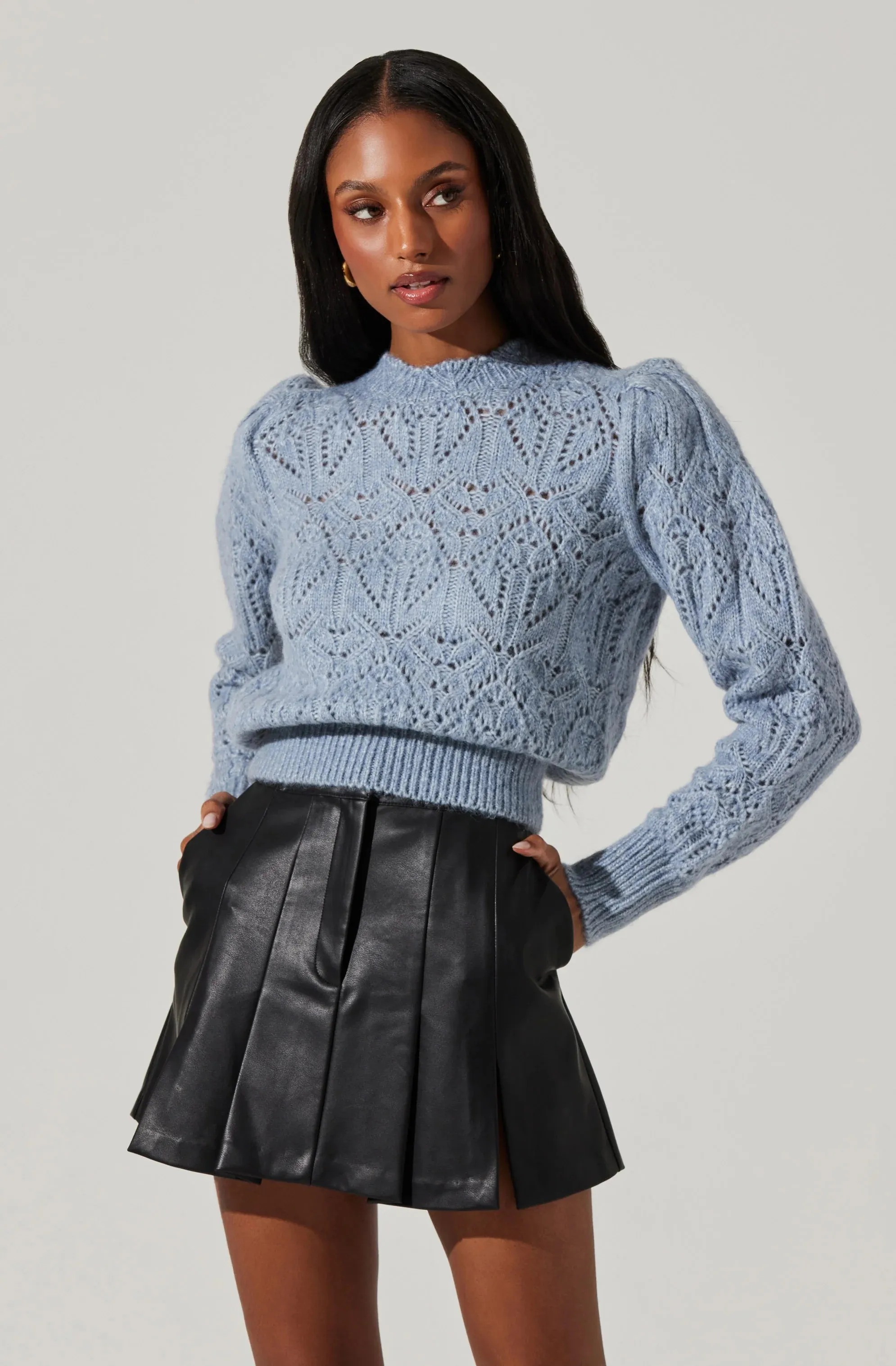 AST Evy Pointelle Puff Sleeve Sweater In Steel Blue