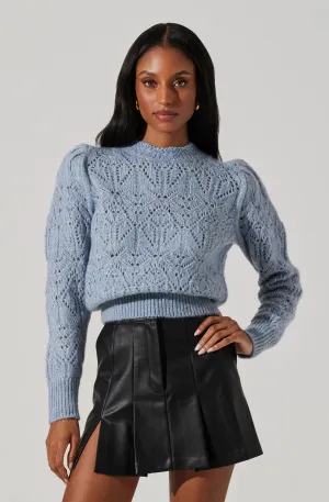 AST Evy Pointelle Puff Sleeve Sweater In Steel Blue