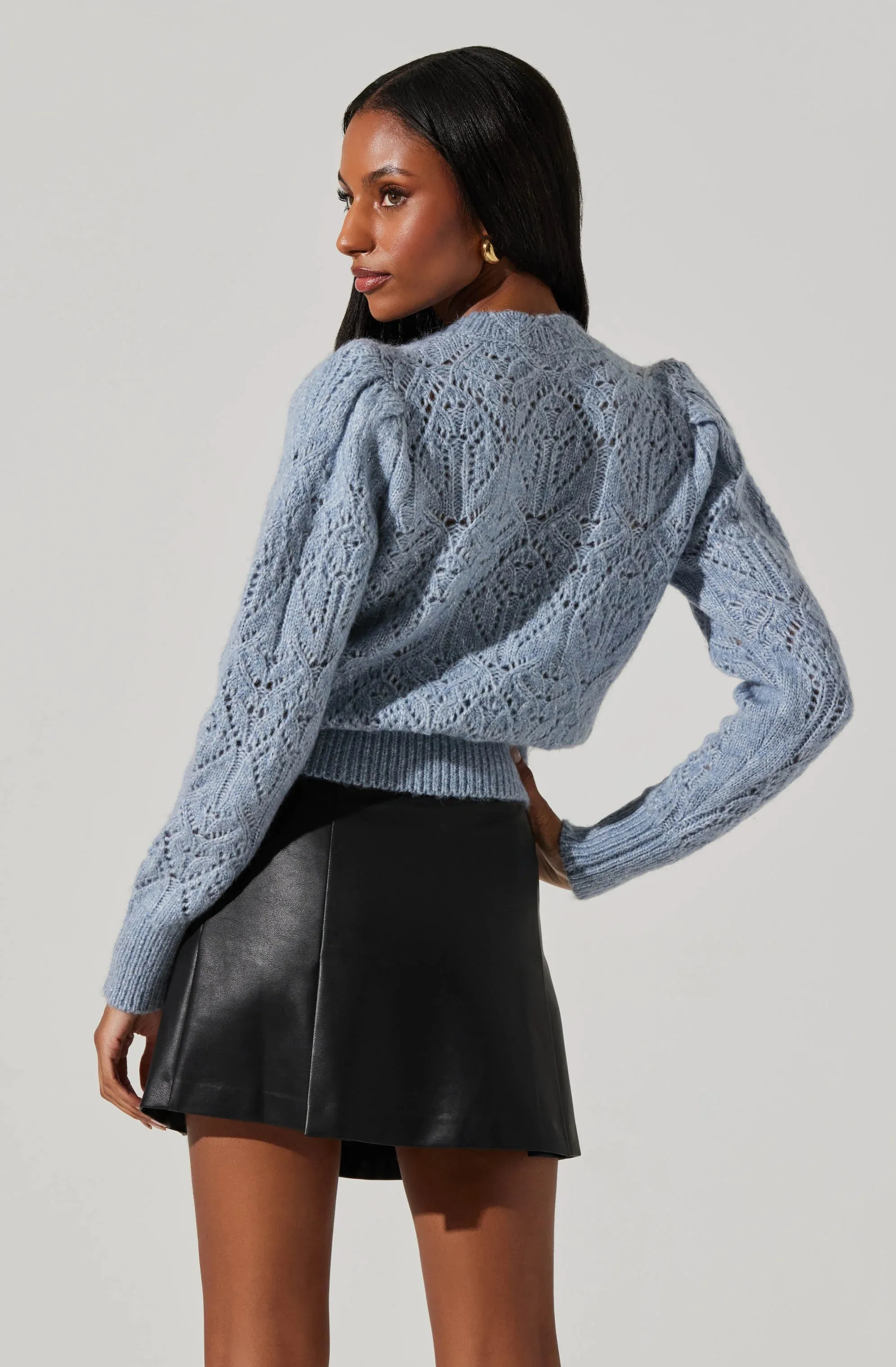 AST Evy Pointelle Puff Sleeve Sweater In Steel Blue