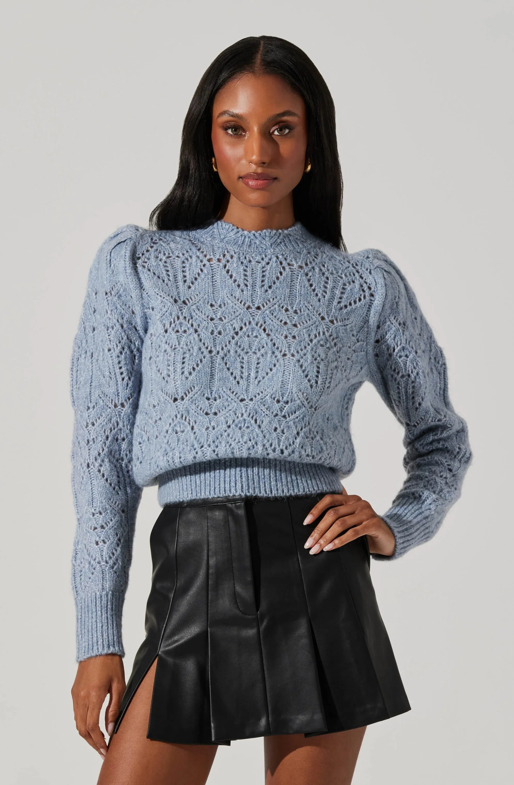 AST Evy Pointelle Puff Sleeve Sweater In Steel Blue