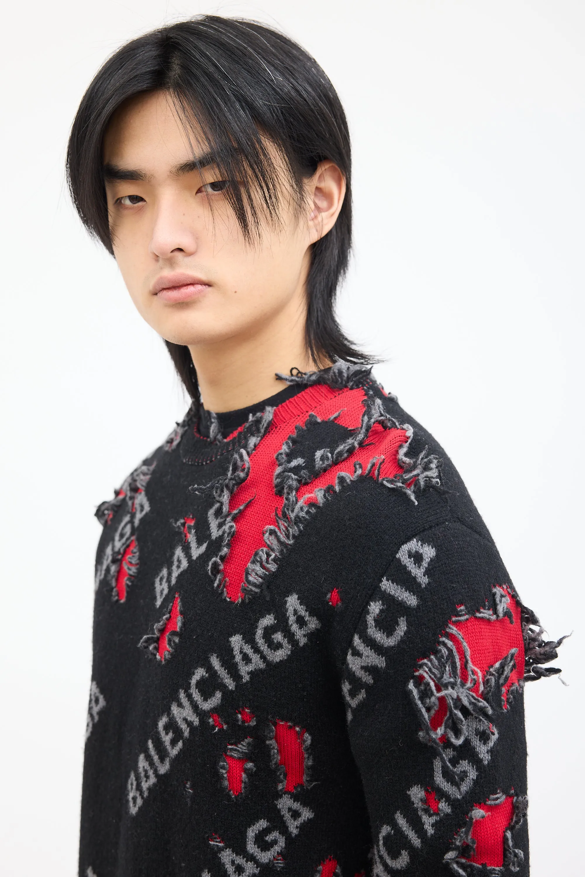 Black & Red Wool Destroyed Logo Sweater