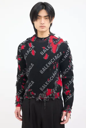 Black & Red Wool Destroyed Logo Sweater
