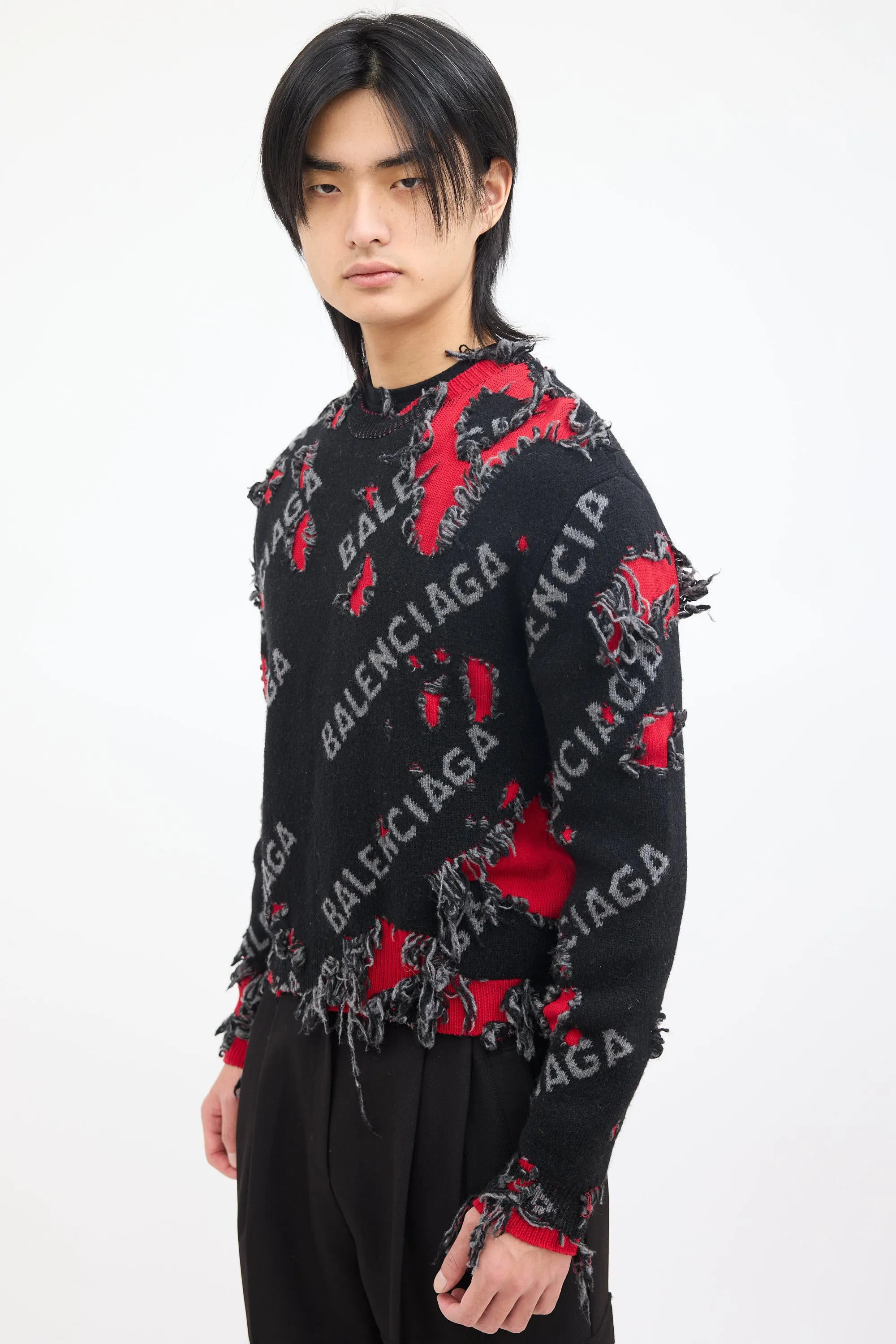 Black & Red Wool Destroyed Logo Sweater
