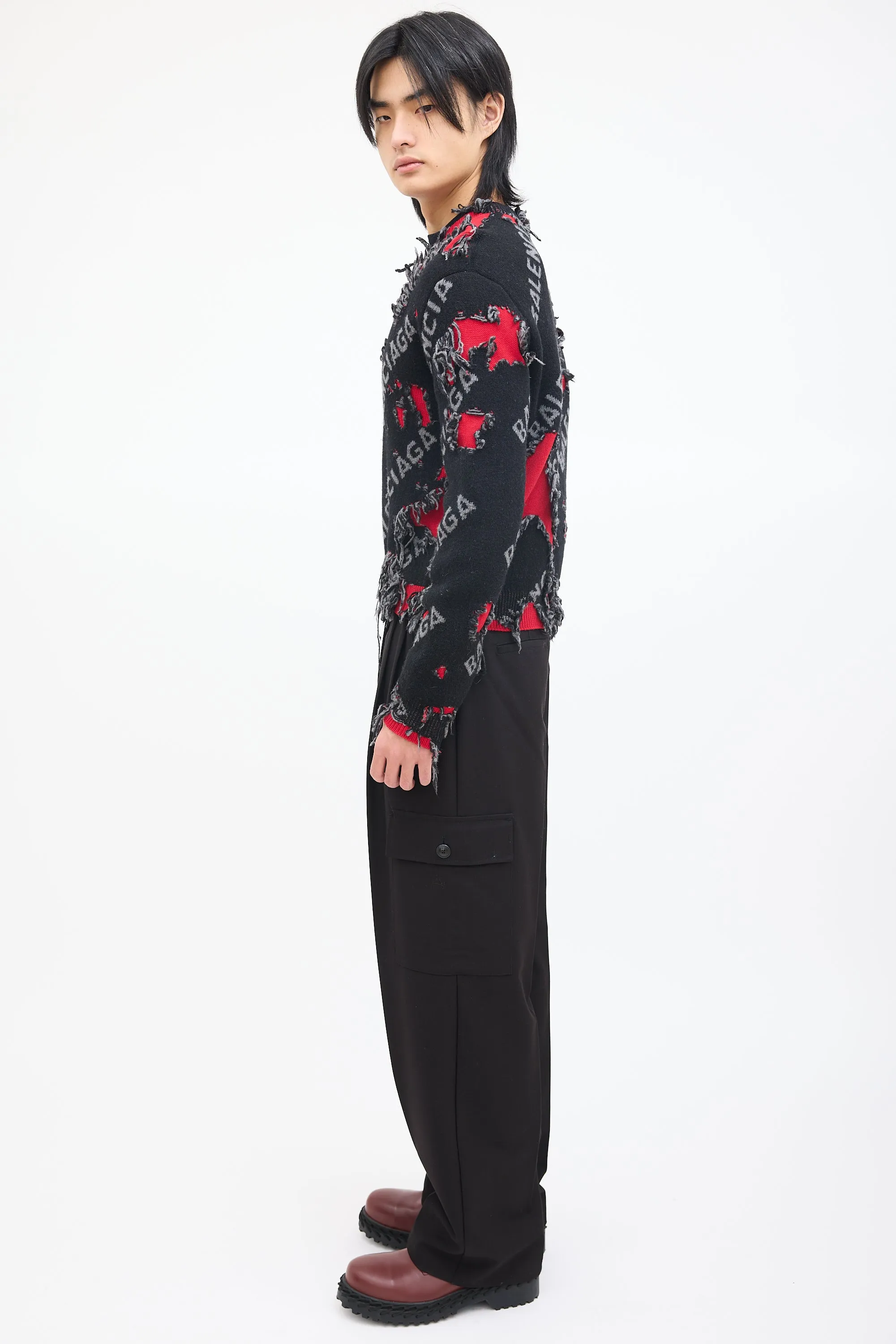 Black & Red Wool Destroyed Logo Sweater
