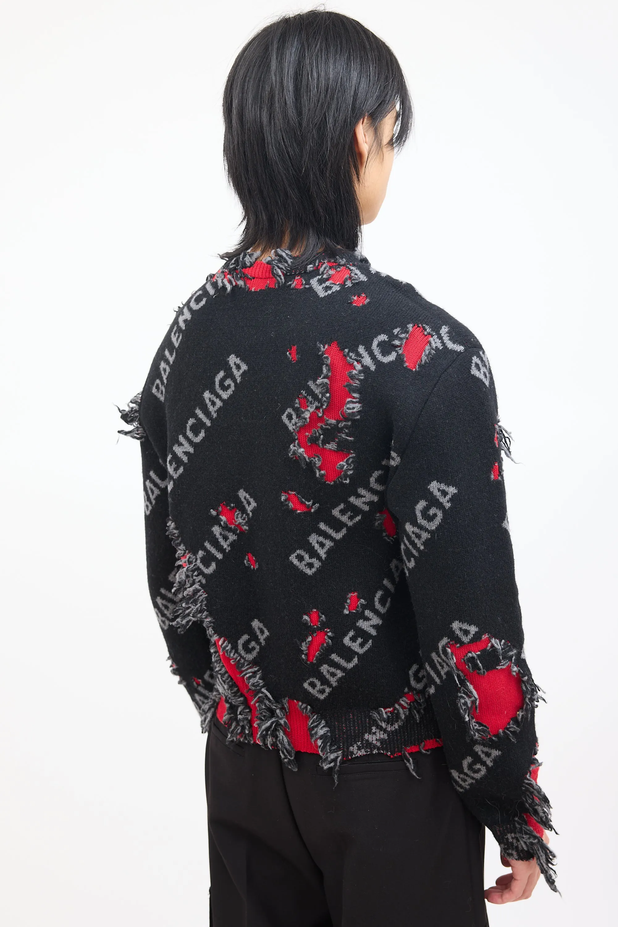 Black & Red Wool Destroyed Logo Sweater
