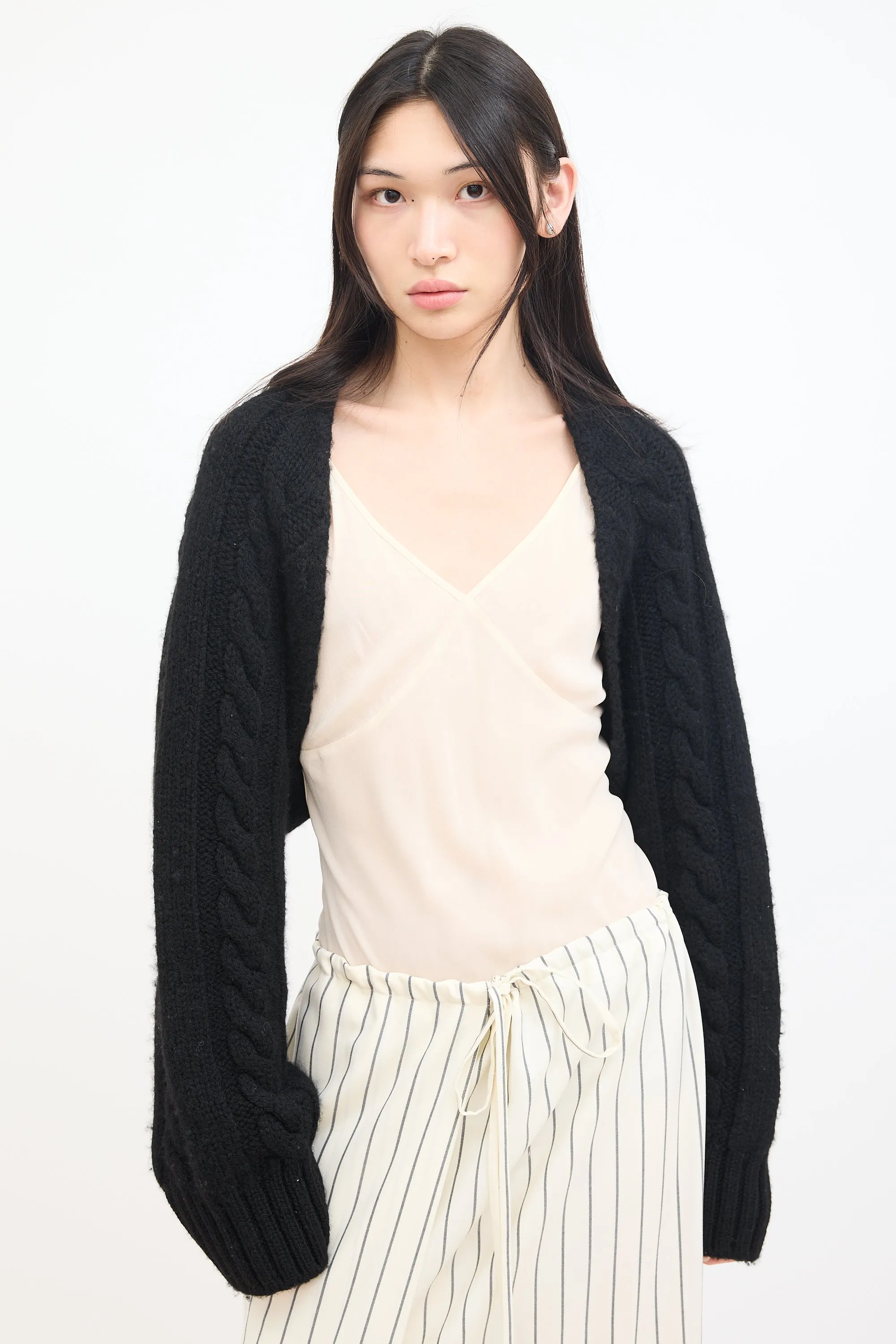 Black Wool Cable Knit Bolero Cardigan