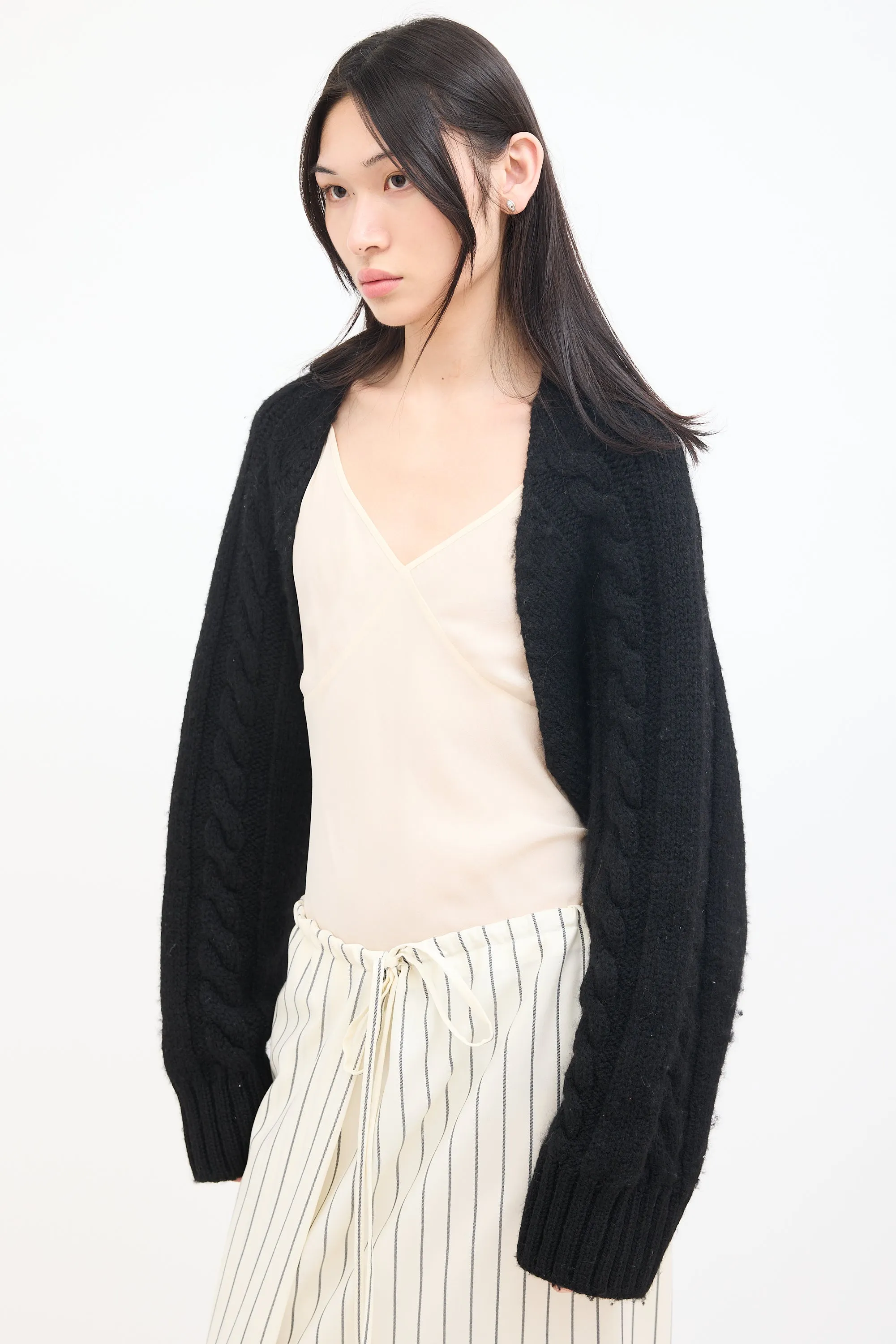 Black Wool Cable Knit Bolero Cardigan