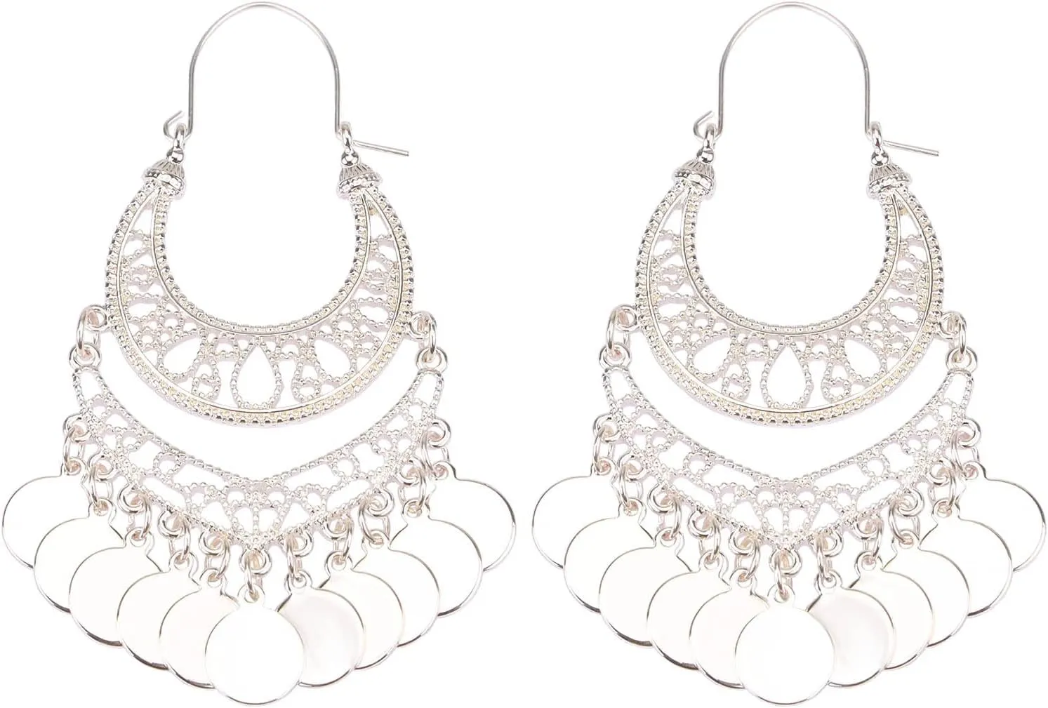 Bohemian Chandelier Earrings Coin Disc Tassel Dangle Filigree Earrings
