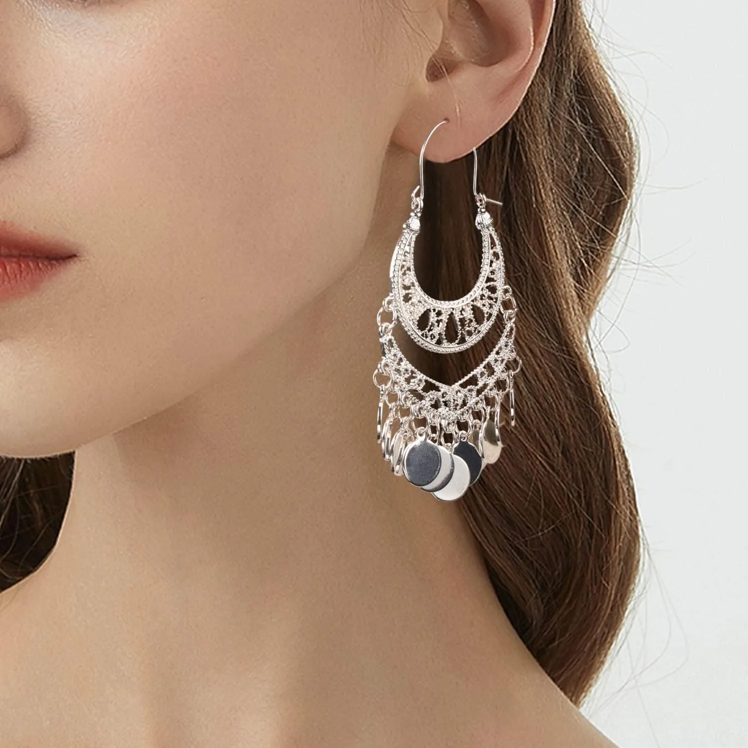 Bohemian Chandelier Earrings Coin Disc Tassel Dangle Filigree Earrings