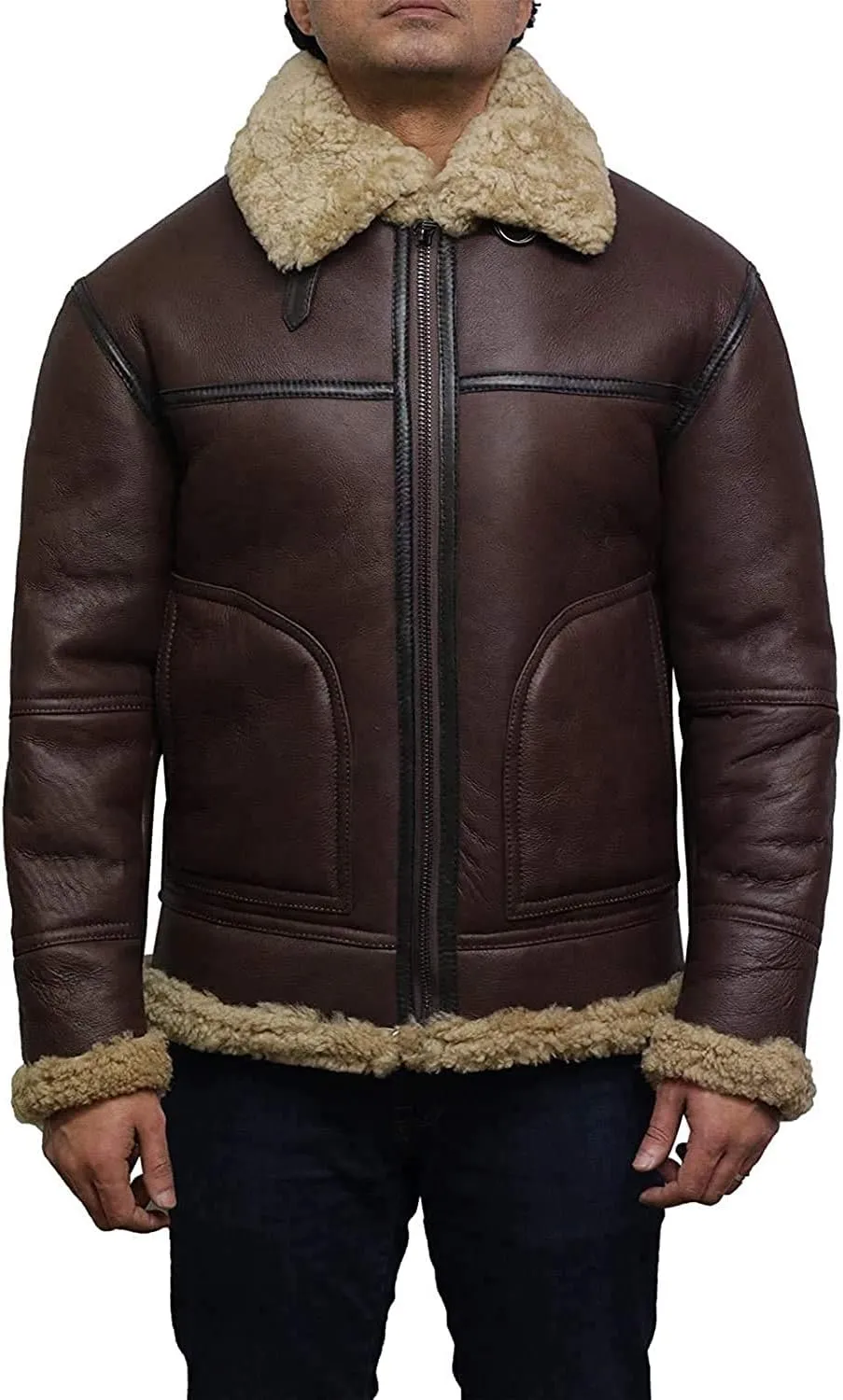 BRANDSLOCK Mens Genuine Sheepskin Leather Bomber Pilot B3 Jacket Thick Wool Inside