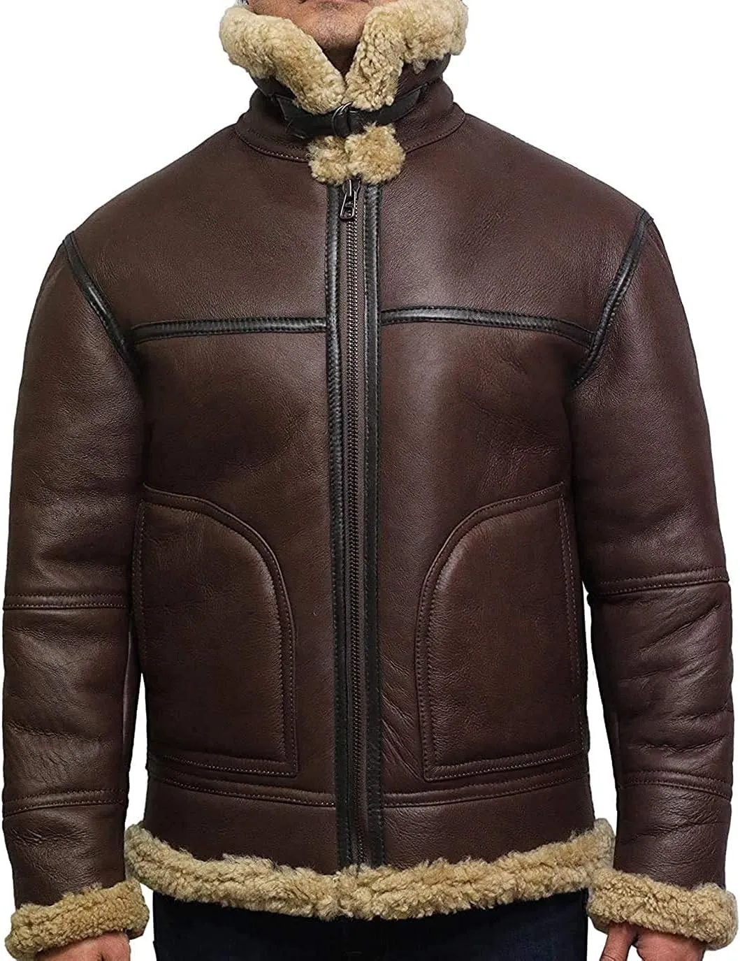 BRANDSLOCK Mens Genuine Sheepskin Leather Bomber Pilot B3 Jacket Thick Wool Inside