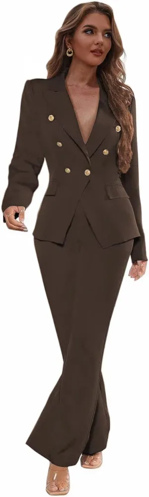 Business Pant Suits for Women Dressy Double Breasted Blazer Trousers Peak Lapel Tuxedo for Work Professional