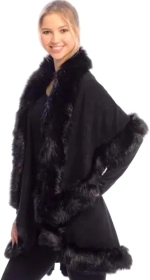 Cape Faux Fur ruana coat blanket Fur Caplet Wrap Shrug Sweater Poncho dress shawl (Ebony Black Wool blend cape with faux fur trim)