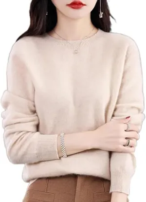 Cashmere Sweaters for Women,100% Cashmere Long Sleeve Crew Neck Soft Warm Pullover Knit Jumpers (Beige,X-Large)