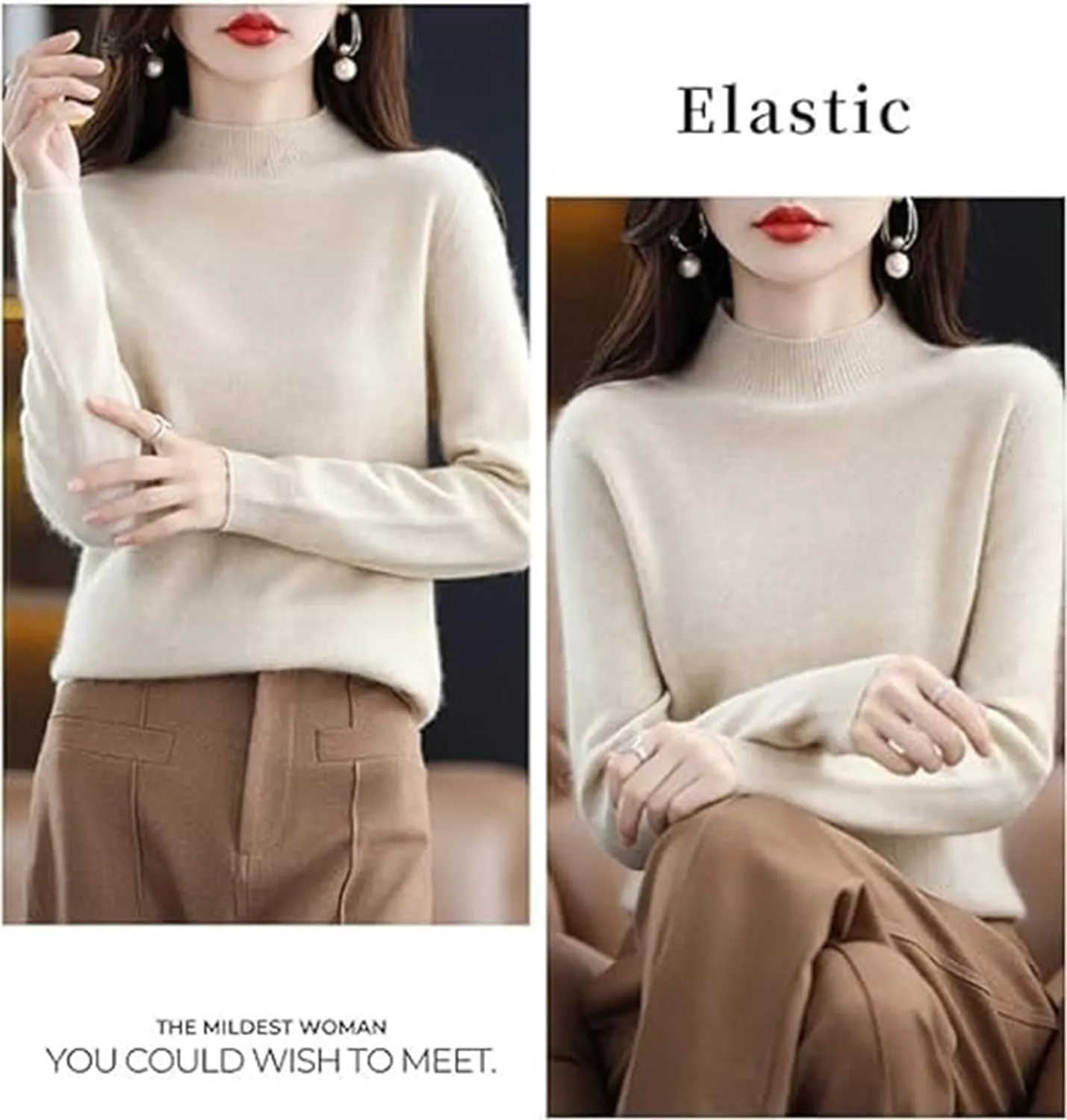 Cashmere Sweaters for Women,100% Cashmere Long Sleeve Crew Neck Soft Warm Pullover Knit Jumpers (Beige,X-Large)