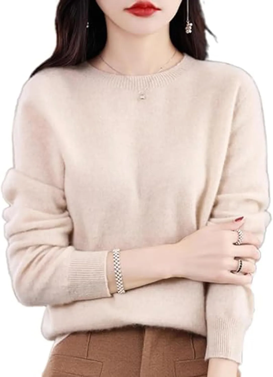 Cashmere Sweaters for Women,100% Cashmere Long Sleeve Crew Neck Soft Warm Pullover Knit Jumpers (Beige,X-Large)