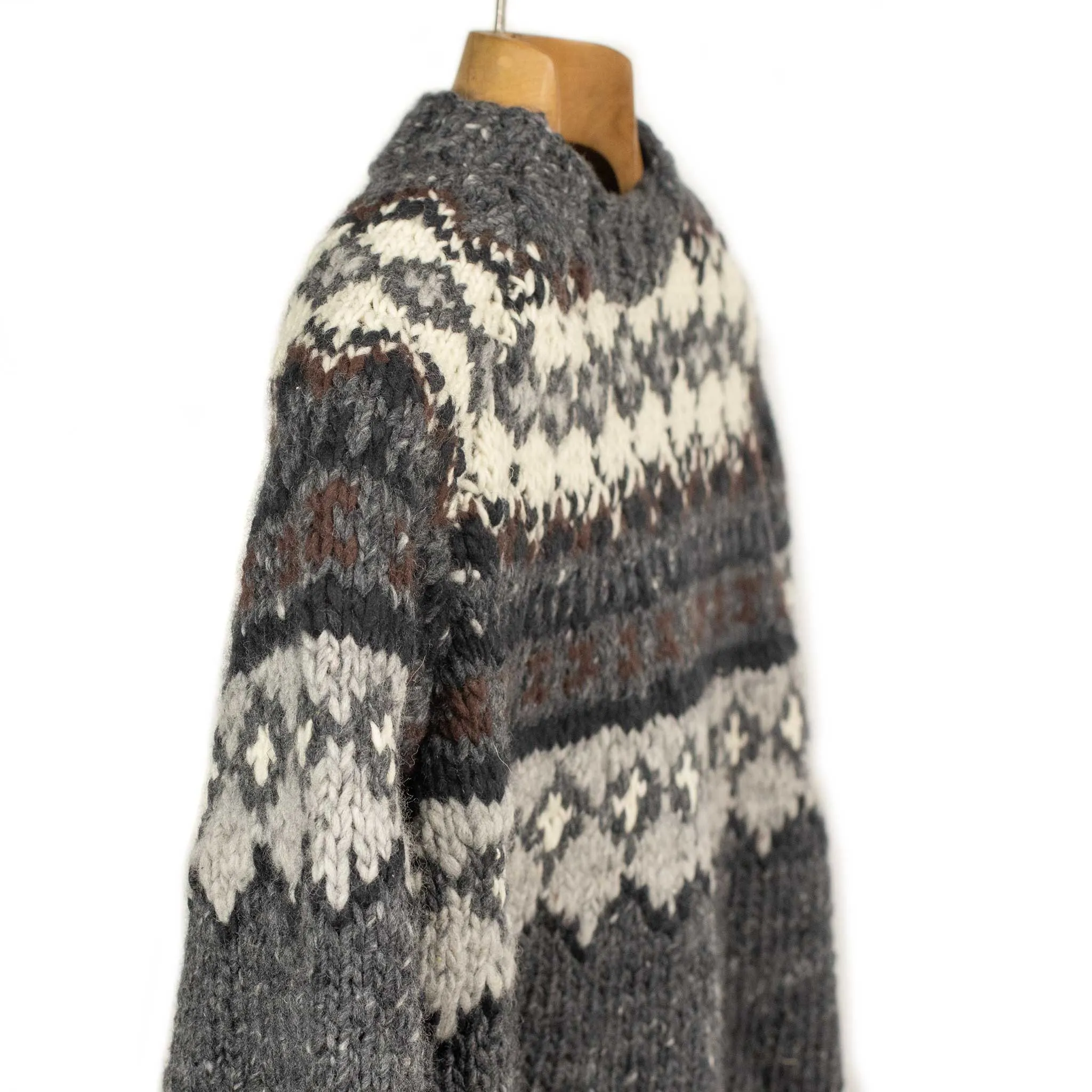 Chamula handknit crewneck sweater in Ox grey and black Fair Isle merino wool