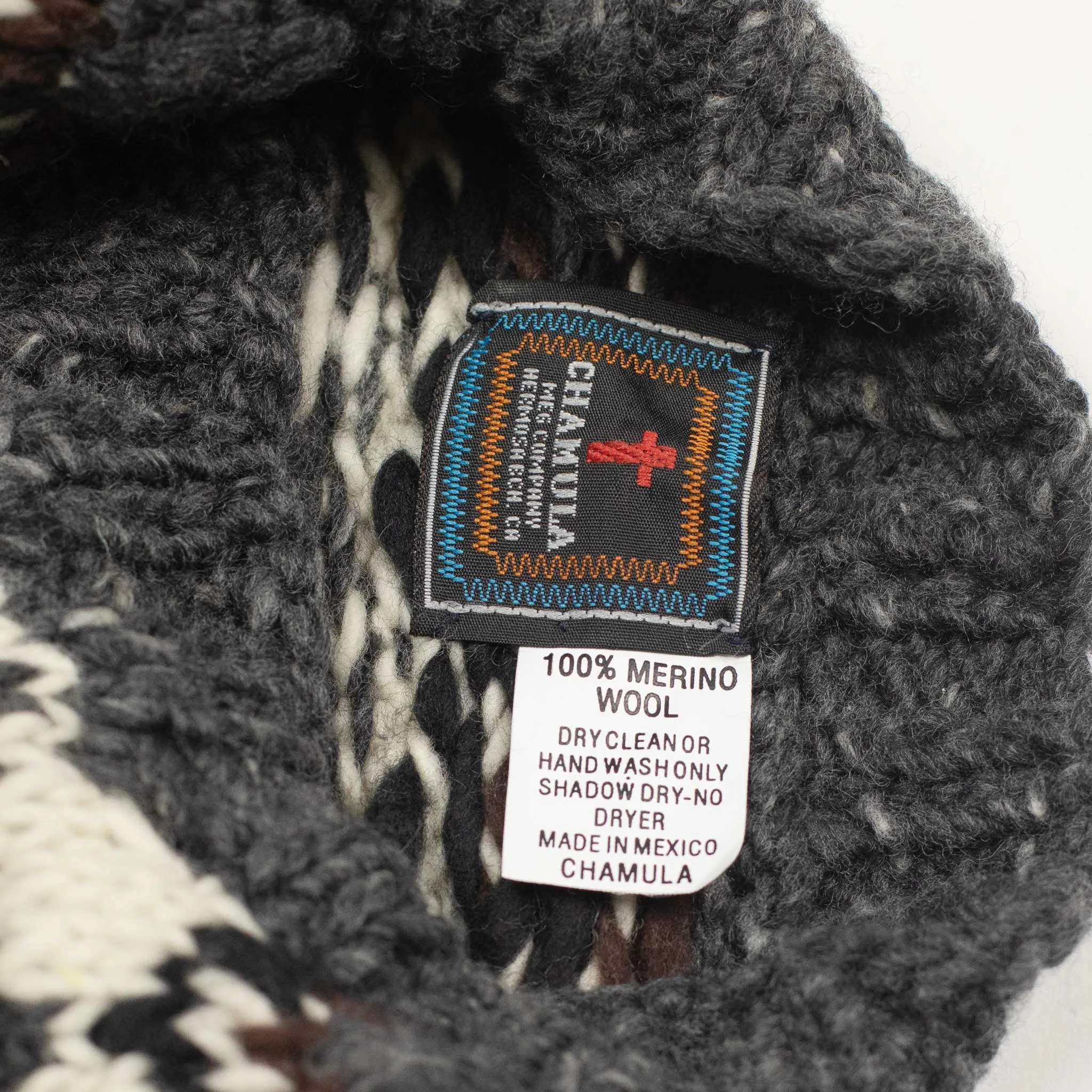 Chamula handknit crewneck sweater in Ox grey and black Fair Isle merino wool