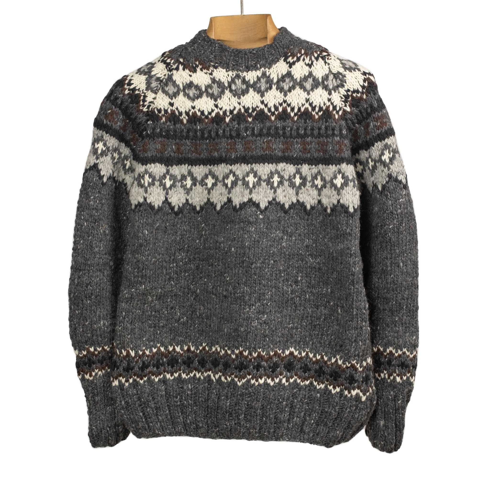Chamula handknit crewneck sweater in Ox grey and black Fair Isle merino wool