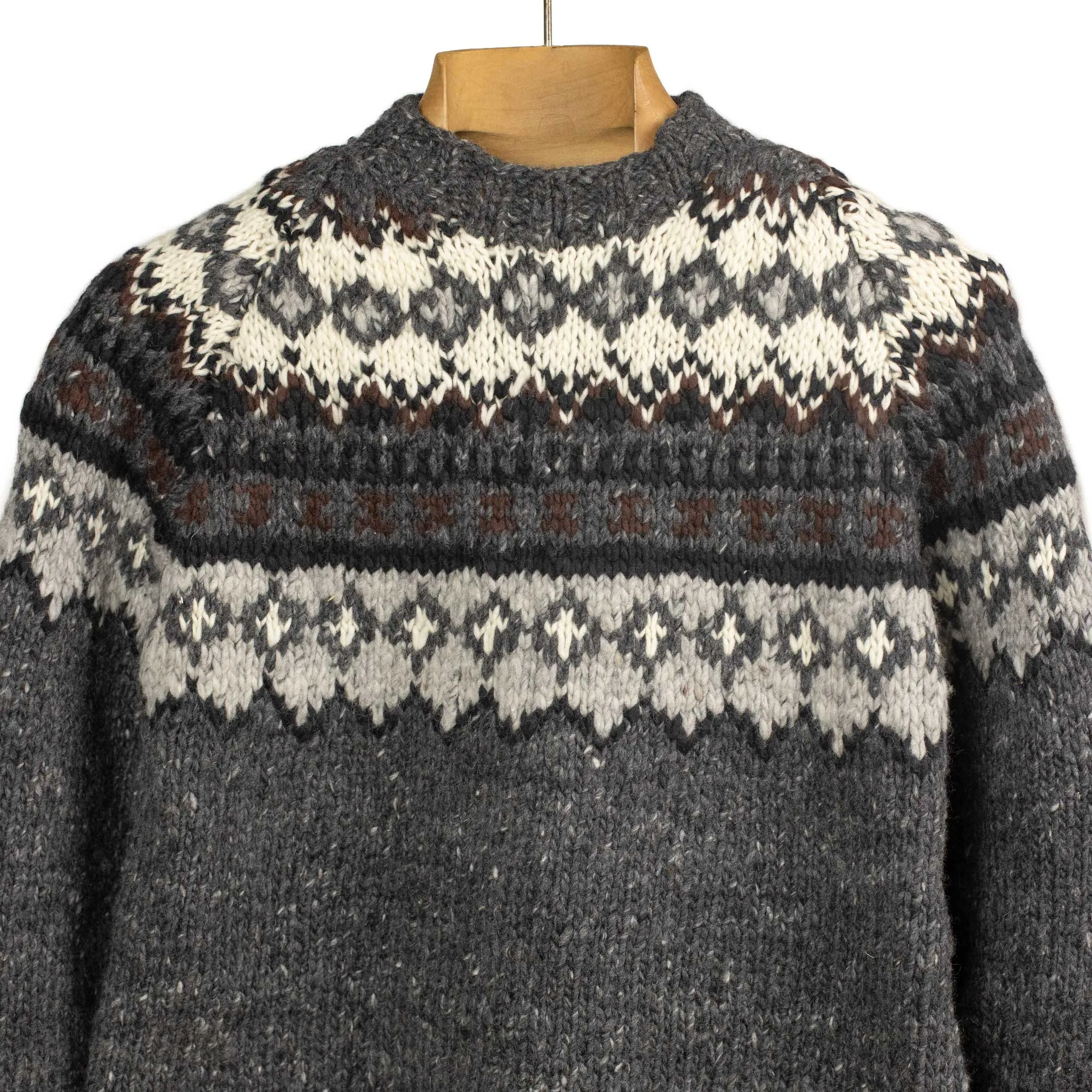 Chamula handknit crewneck sweater in Ox grey and black Fair Isle merino wool