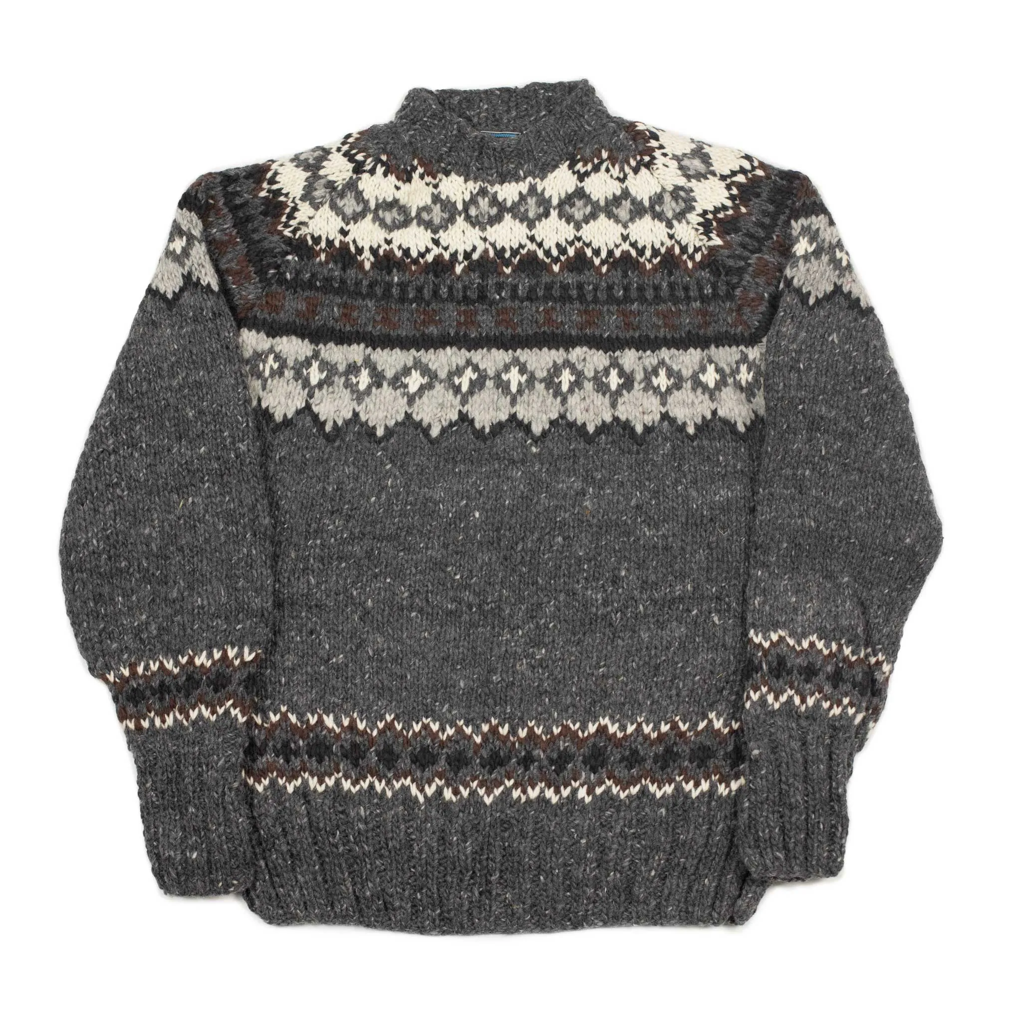Chamula handknit crewneck sweater in Ox grey and black Fair Isle merino wool