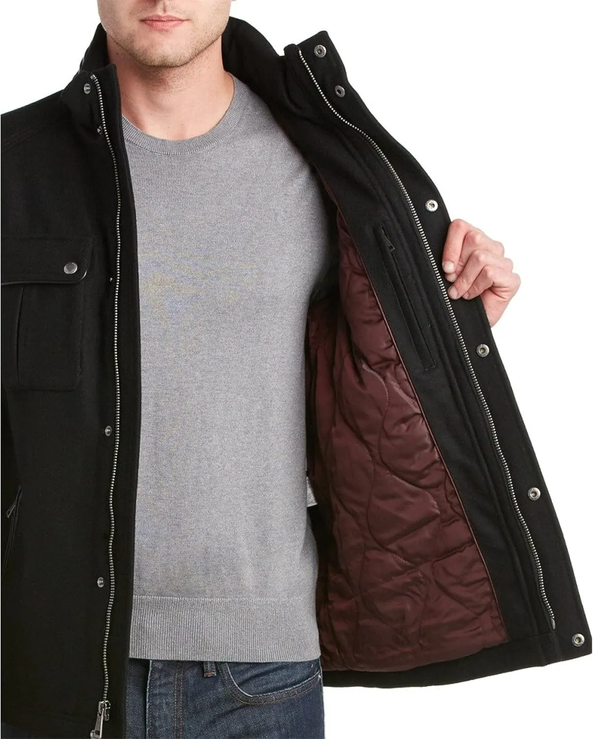 Cole Haan Men's Wool Melton Stand Collar Jacket with Patch Pockets