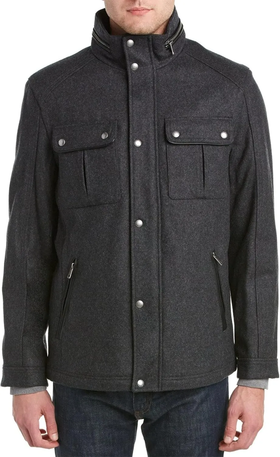 Cole Haan Men's Wool Melton Stand Collar Jacket with Patch Pockets