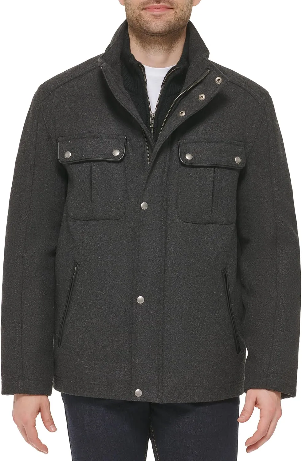 Cole Haan Men's Wool Melton Stand Collar Jacket with Patch Pockets