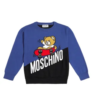 Cotton and wool sweater with Moschino logo, blue