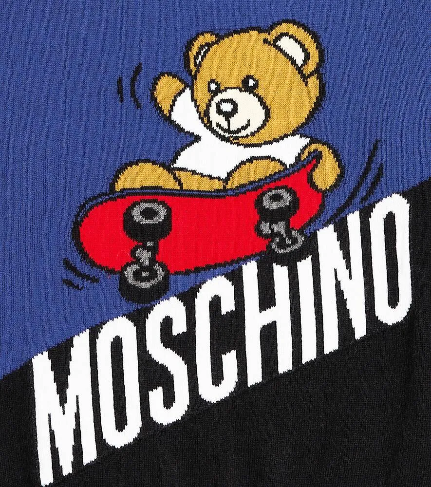 Cotton and wool sweater with Moschino logo, blue