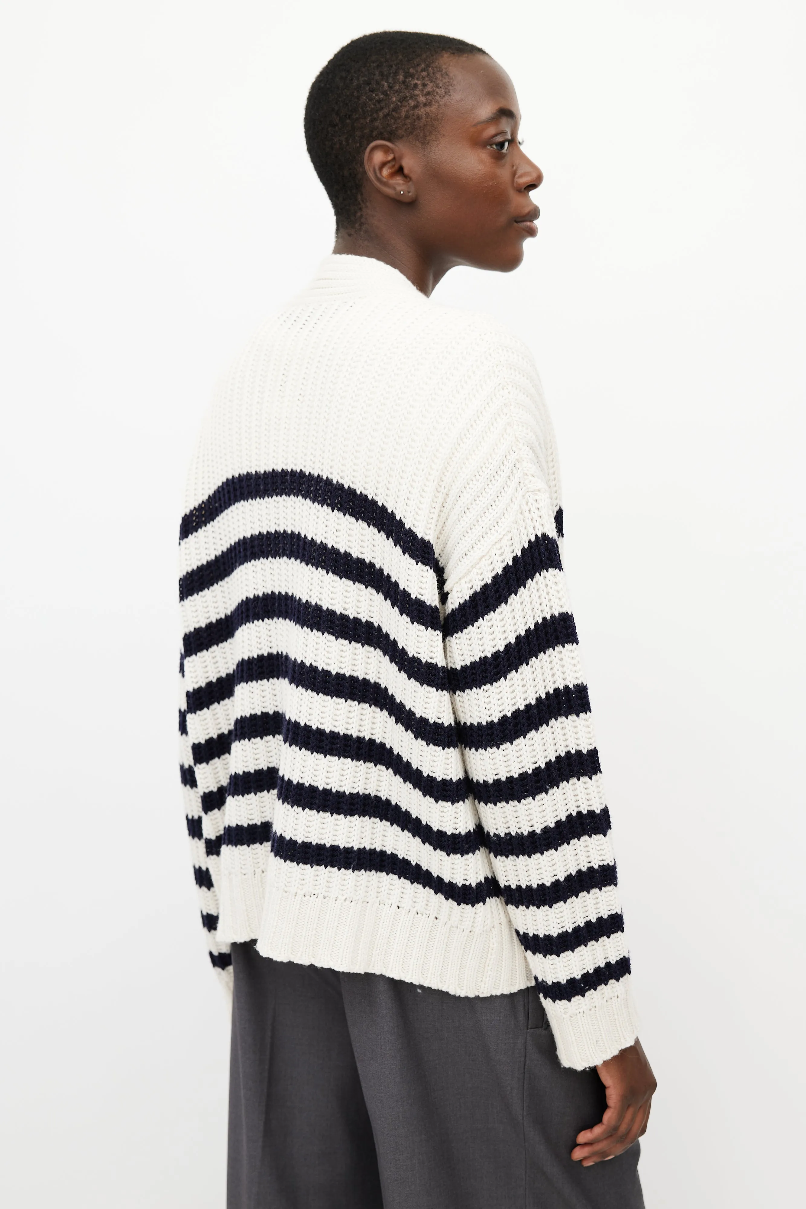 Cream & Blue Wool Knit Cardigan