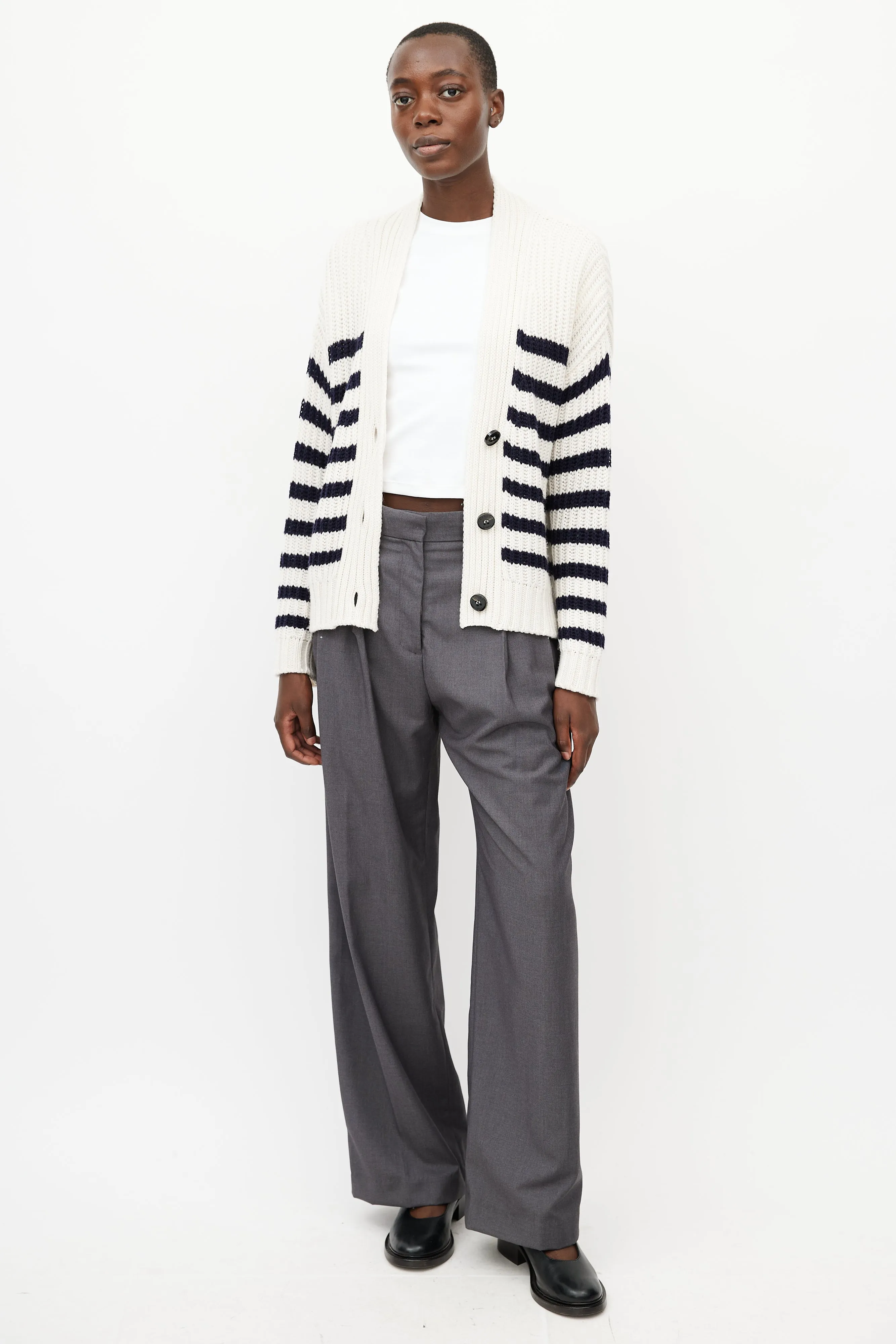 Cream & Blue Wool Knit Cardigan