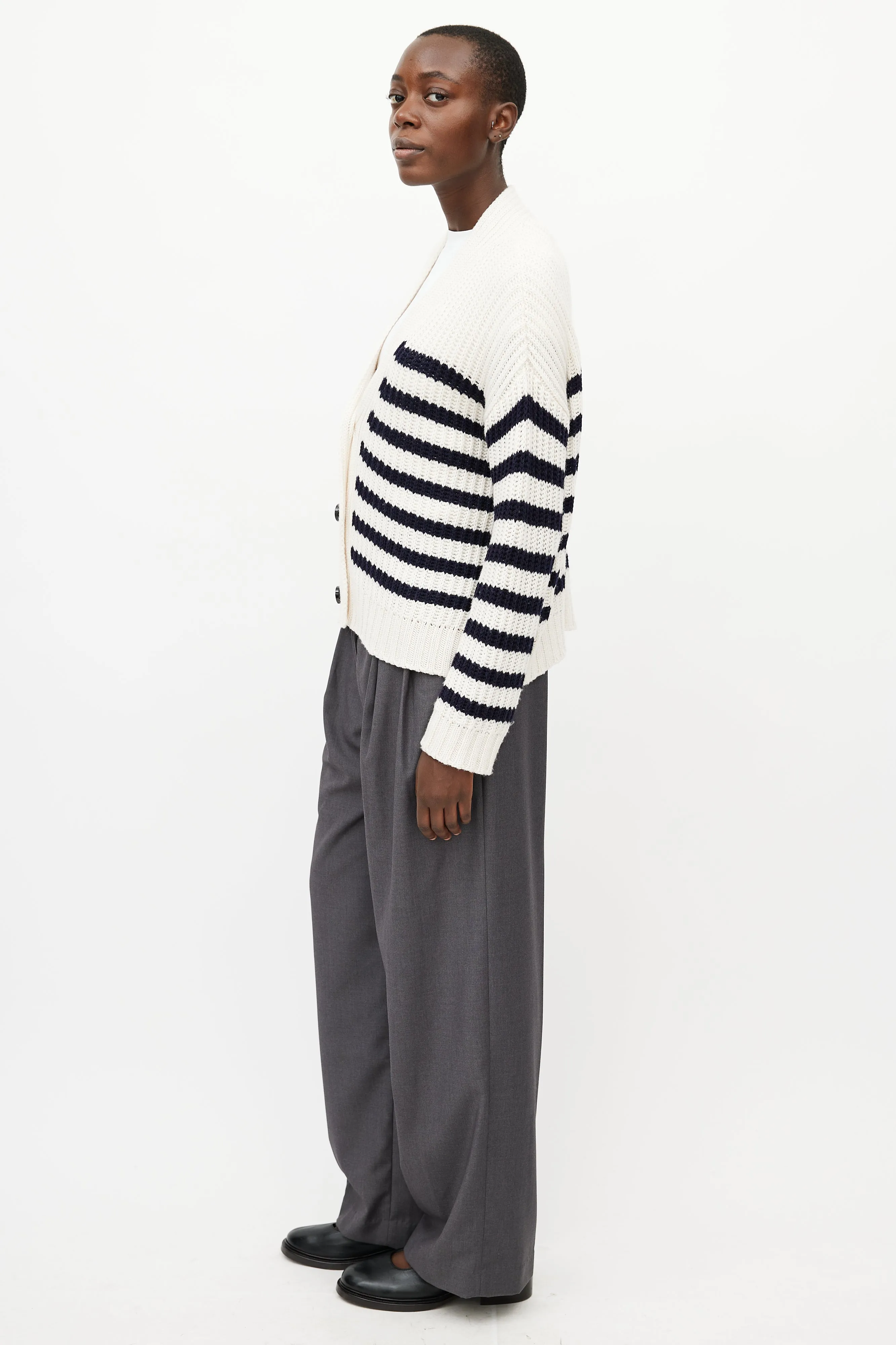 Cream & Blue Wool Knit Cardigan