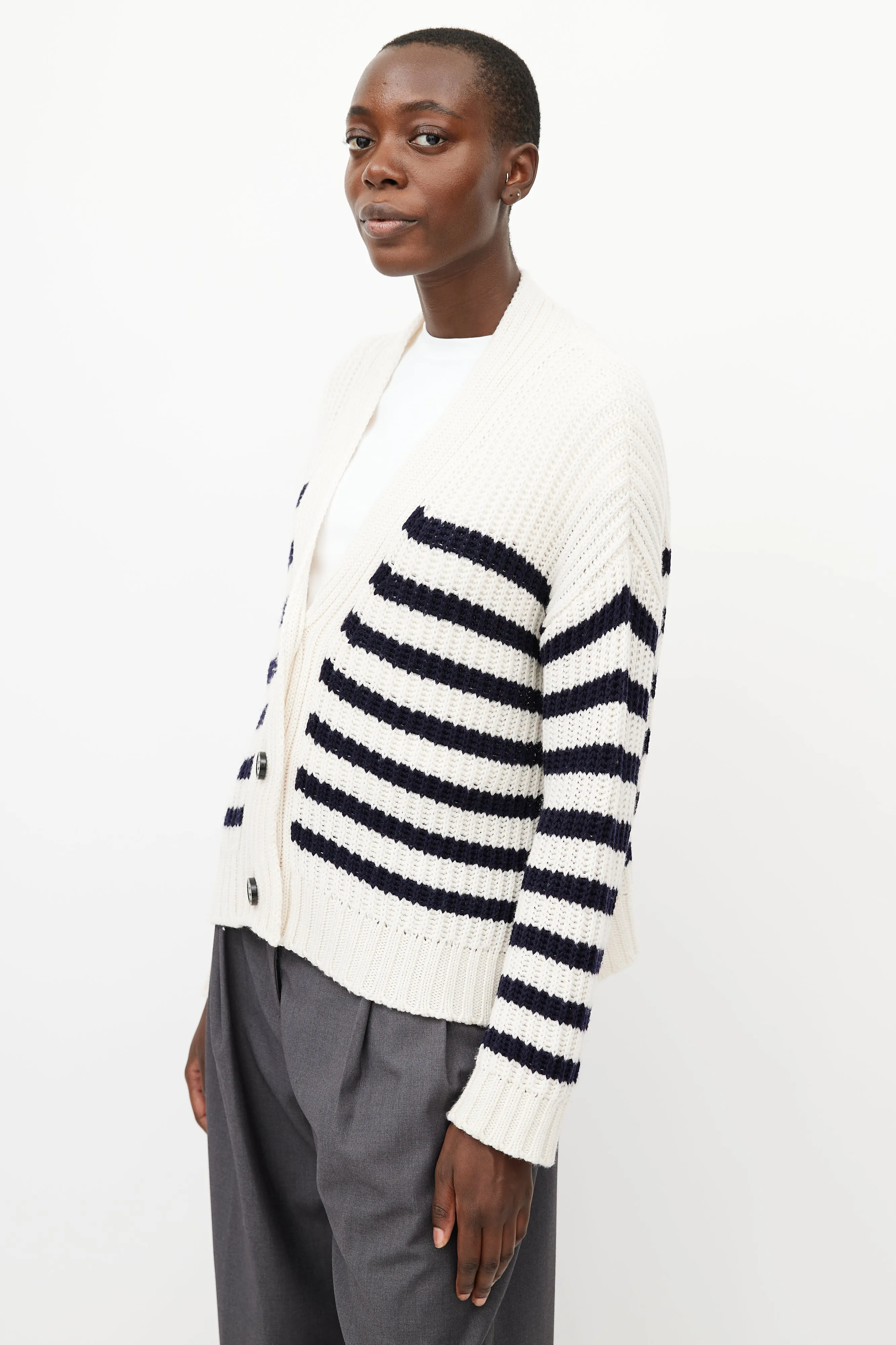 Cream & Blue Wool Knit Cardigan