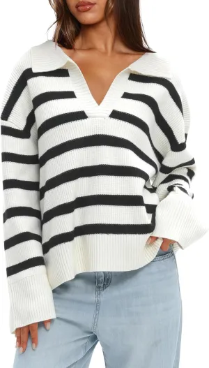 Darong Womens Oversized Striped Pullover Sweaters Polo V Neck Knitted Pullover Tops Fall Fashion Clothes