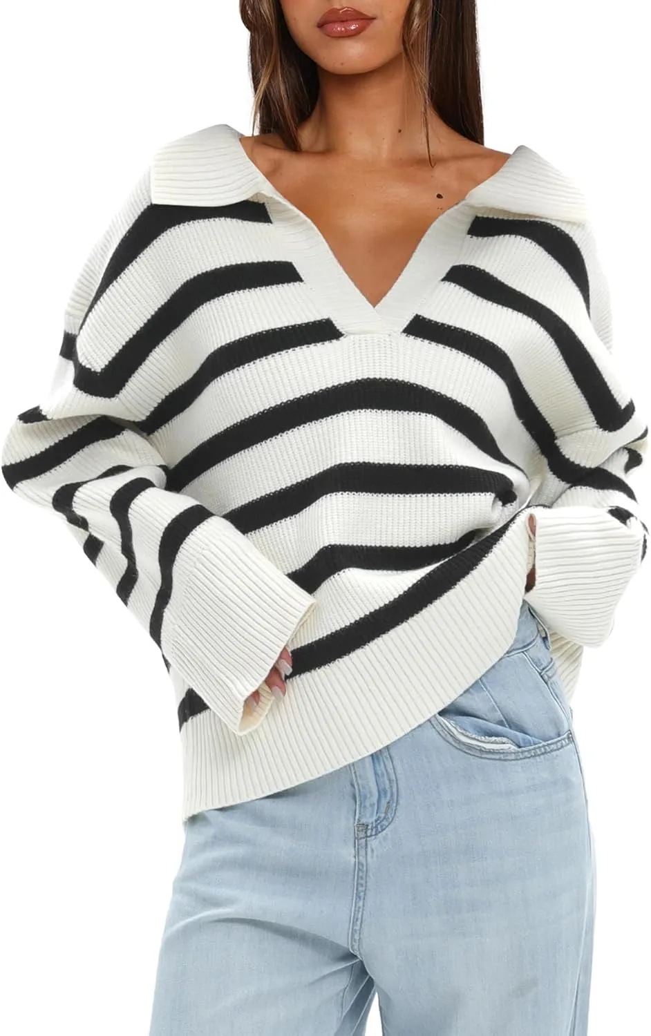 Darong Womens Oversized Striped Pullover Sweaters Polo V Neck Knitted Pullover Tops Fall Fashion Clothes