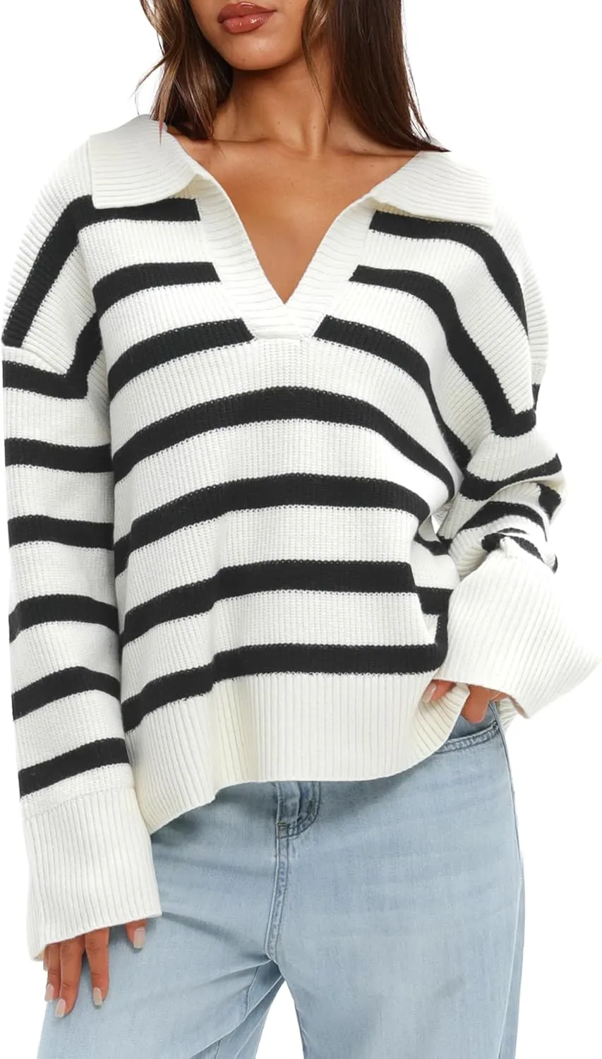 Darong Womens Oversized Striped Pullover Sweaters Polo V Neck Knitted Pullover Tops Fall Fashion Clothes