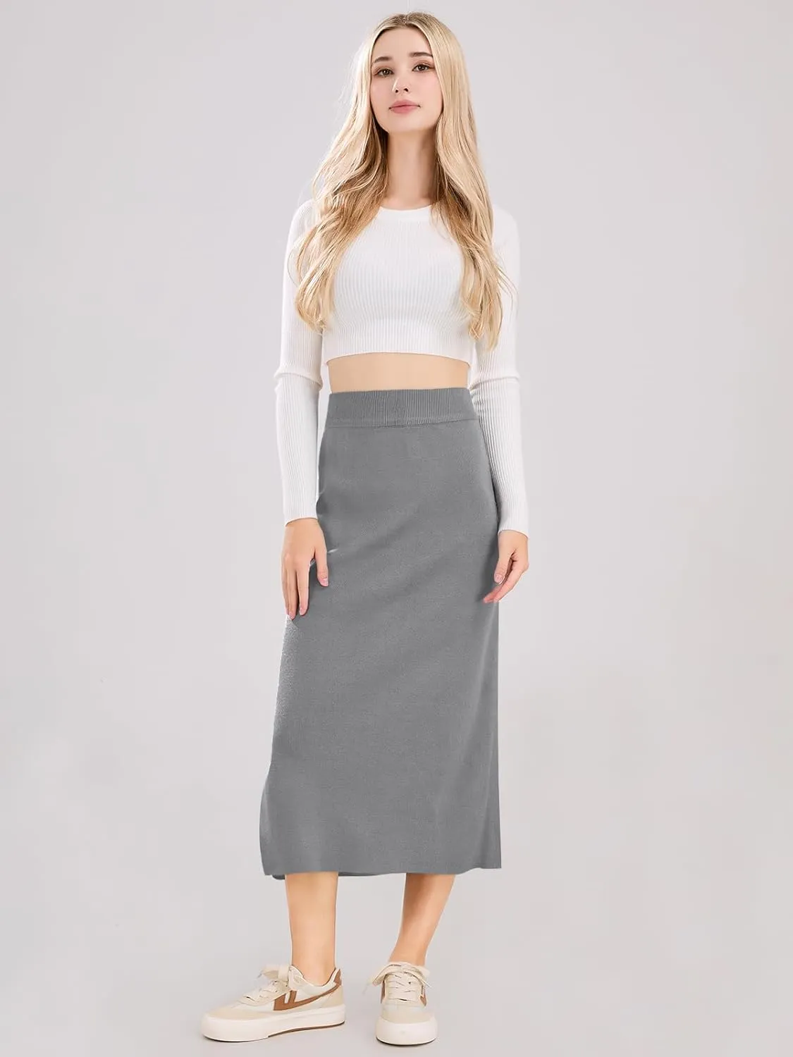 ebossy Women's Winter Warm High Waist Side Slit Wool Blend Long Skirts Rib Knit Stretchy Bodycon Pencil Skirt