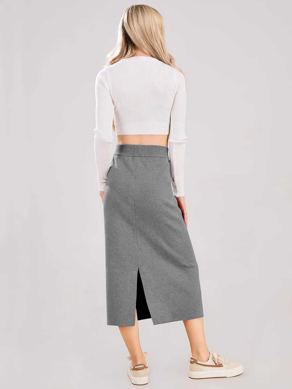 ebossy Women's Winter Warm High Waist Side Slit Wool Blend Long Skirts Rib Knit Stretchy Bodycon Pencil Skirt