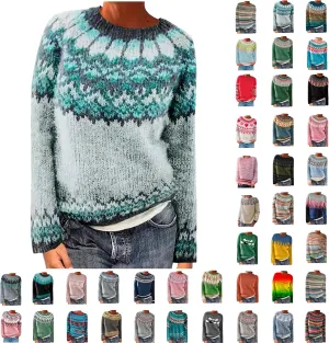 Fair Isle Sweater Women Vintage Long Sleeve Colorful Knitted Sweaters Lightweight Crewneck Cashmere Pullover