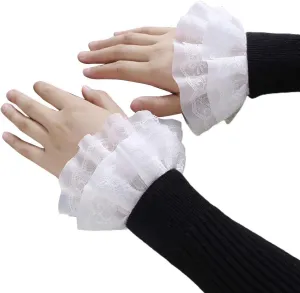 Fake Sleeve, Women Sweet Fake Sleeves Double Layer Ruffles Lace Flared Cuffs Wrist Warmers-White