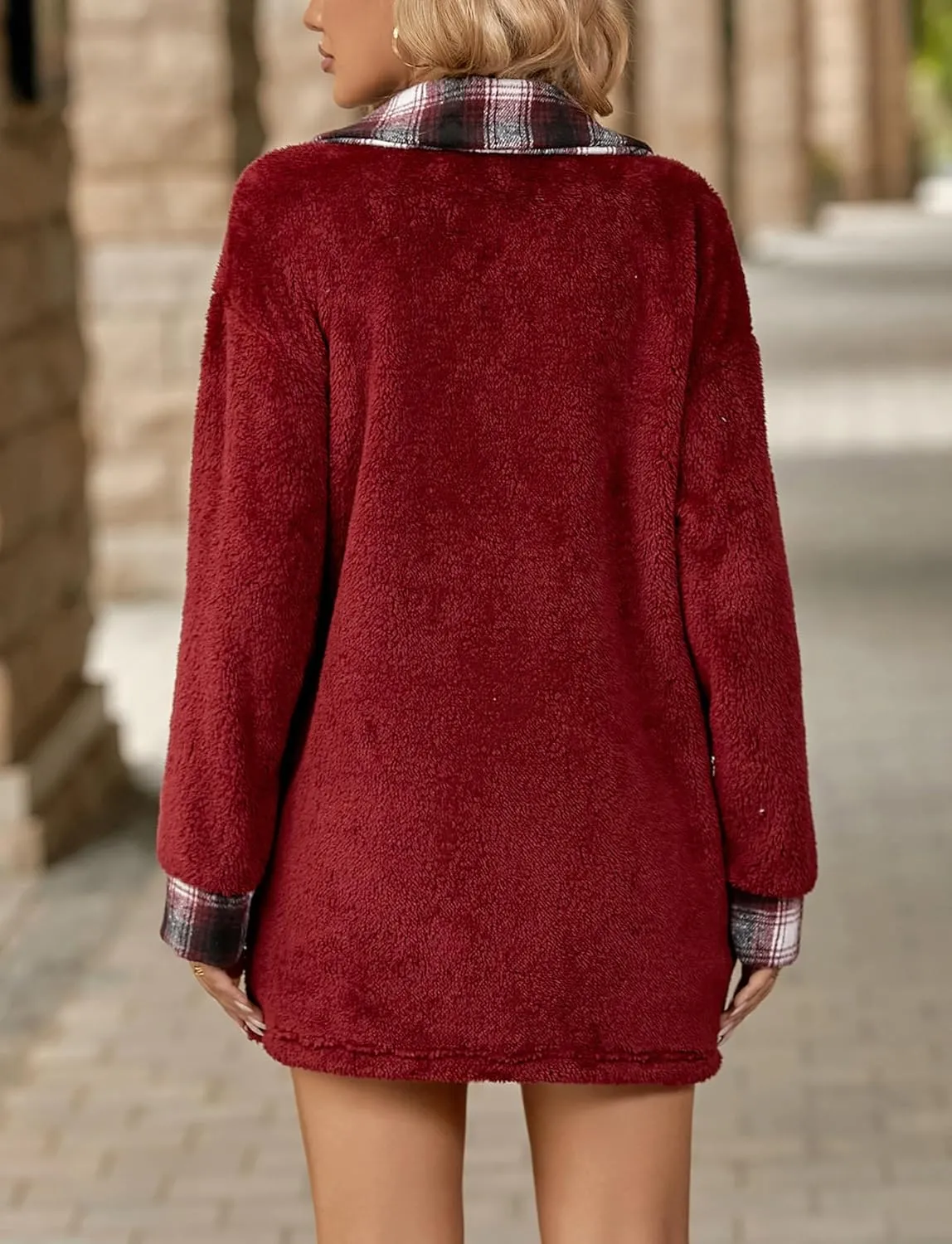 FEOYA Sherpa Jacket Women Fleece Shacket Plaid Long Button Down Coats Teddy Oversized Lapel Color Block Outerwear Pocket