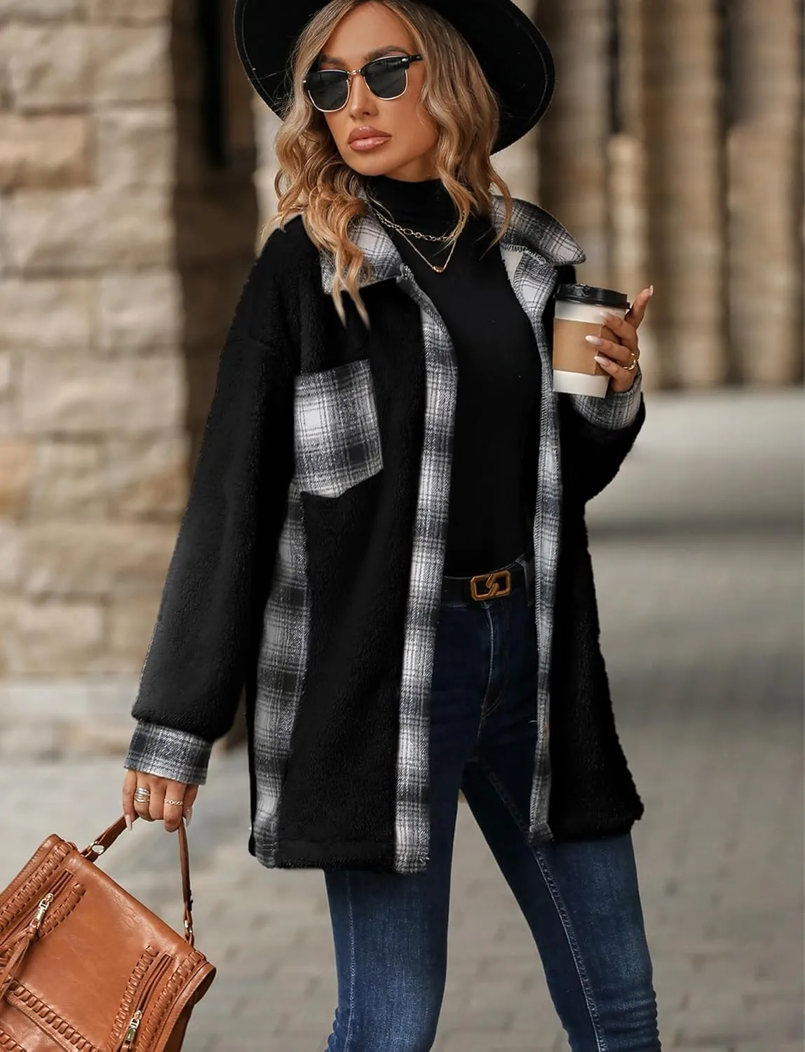 FEOYA Sherpa Jacket Women Fleece Shacket Plaid Long Button Down Coats Teddy Oversized Lapel Color Block Outerwear Pocket