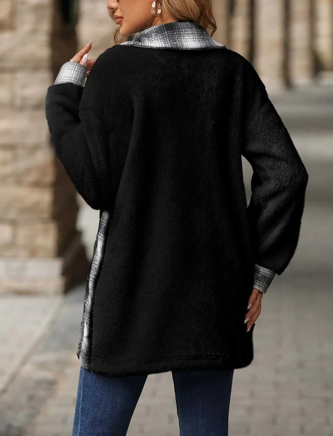 FEOYA Sherpa Jacket Women Fleece Shacket Plaid Long Button Down Coats Teddy Oversized Lapel Color Block Outerwear Pocket