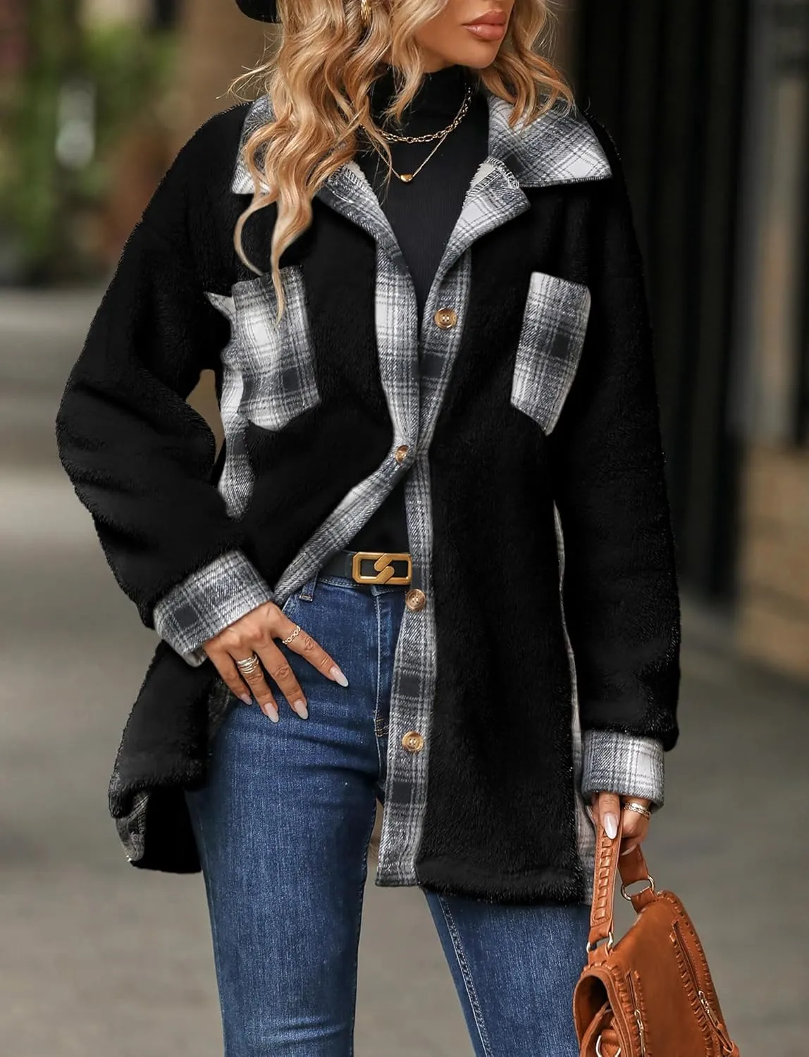 FEOYA Sherpa Jacket Women Fleece Shacket Plaid Long Button Down Coats Teddy Oversized Lapel Color Block Outerwear Pocket